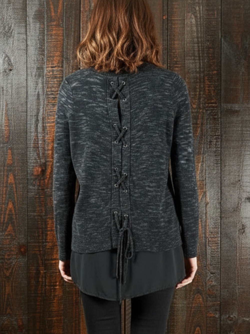 DEX Layered Look Charcoal Knit Pullover Lace-Up Back Small